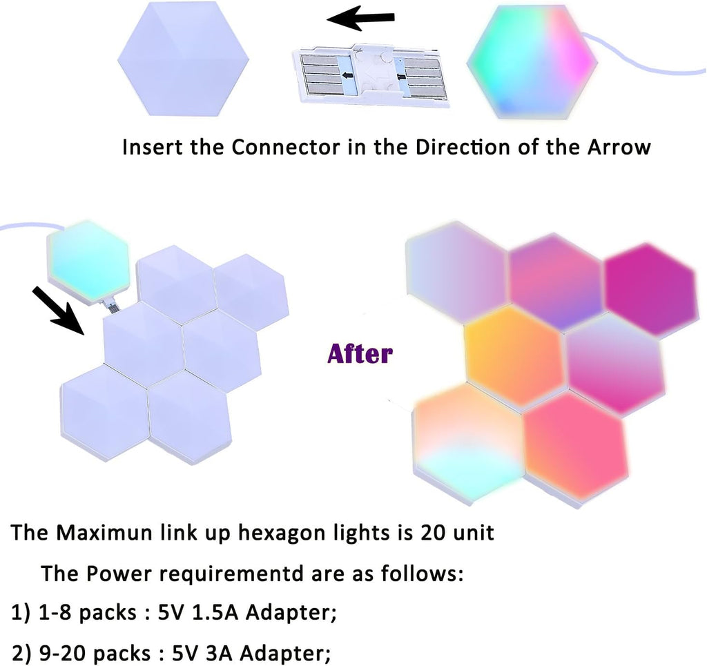 Smart Hexagon Lights DIY Hexagon Led Light App & Remote Controlled & Music Sync Features USB & Type C Modern RGB Wall Panels for Living & Gaming Decor (10Pack)