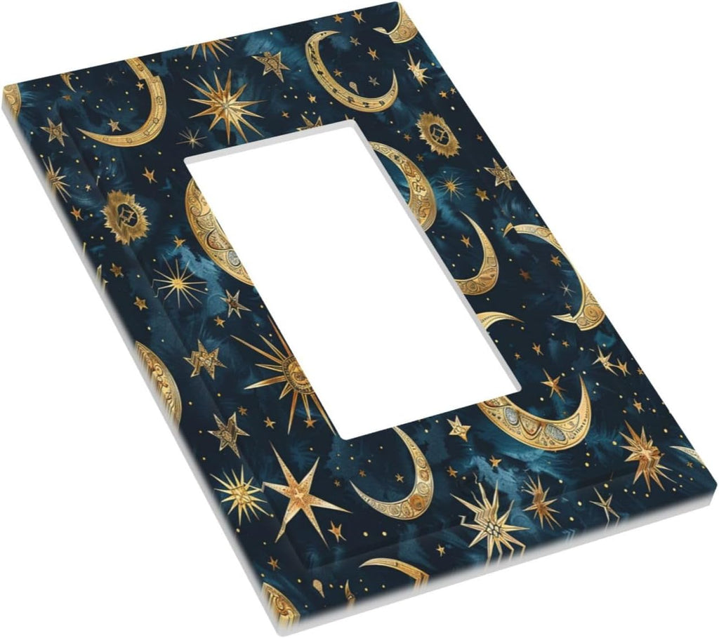 Decorative Outlet Covers Modern Abstract Sky Blue Gold Moon Sun Star 1 Gang Single Rocker Light Switch Cover Plate Wall Plates GFCI Faceplate for Bedroom Kids room Decor