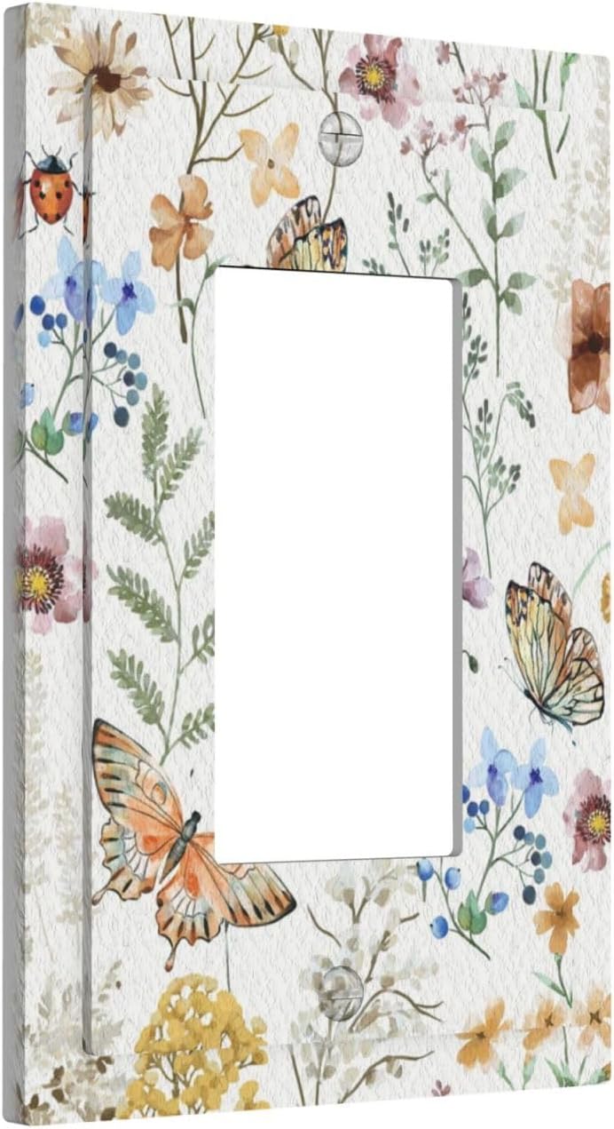Personalized Wall Plate Decorative Light Switch Cover Boho White Background Butterfly Rustic Flower Single Rocker Switchplate 1 Gang Outlet Covers Decora Light Switch Plate