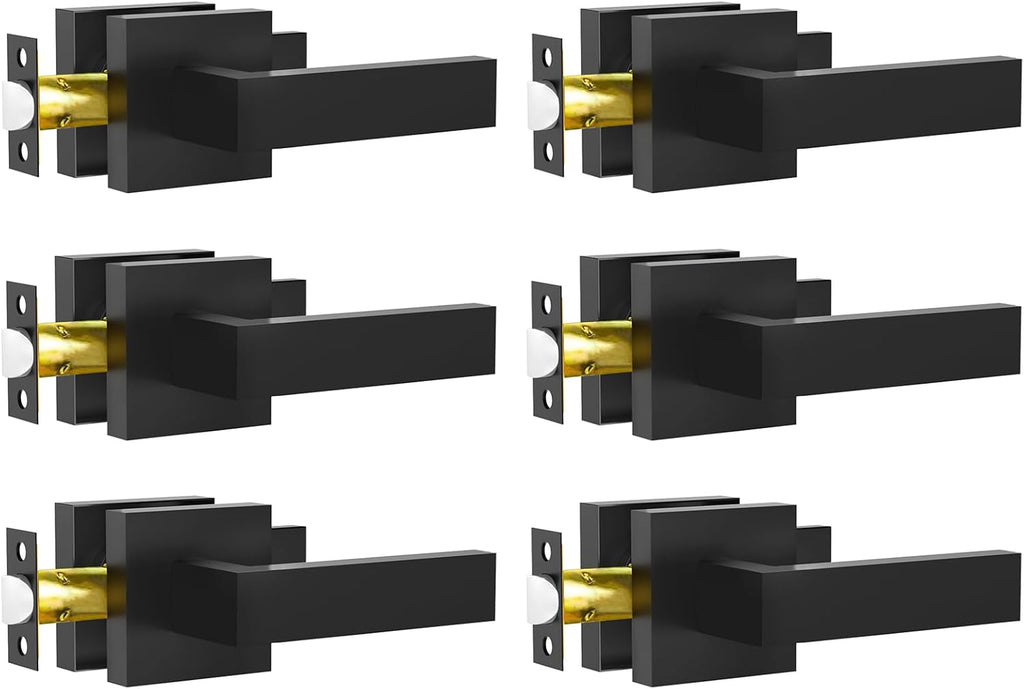 Passage Door Lever, 6 Pack Matte Black Interior Door Handles for Hallway and Closet, Heavy Duty Square Interior Keyless Door Handles Non-Locking Door Knobs for Right & Left Side Door