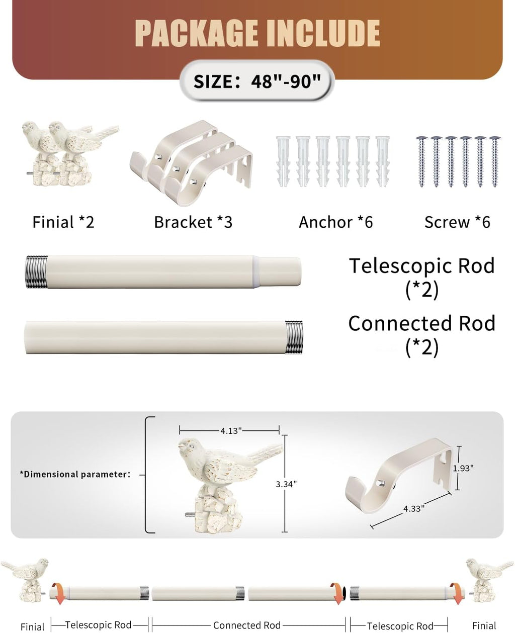 White Curtain Rod 48 to 90 Inches Curtain Rods for Windows Adjustable Heavy Duty Drapery Rod with Bird Finials for Kitchen Window Living Room