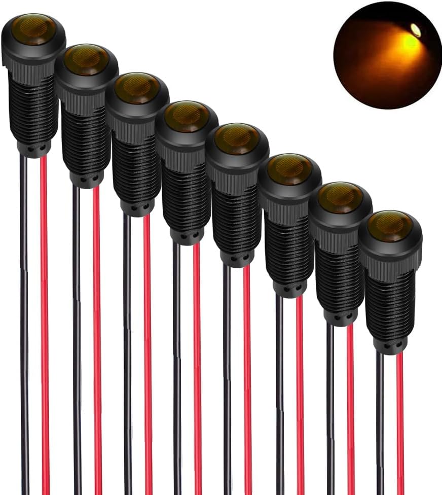 8pcs Yellow Indicator Pilot Light AC/DC 12-24V Mounting Hole Size 8mm(Flame Retardant Plastic Shell)