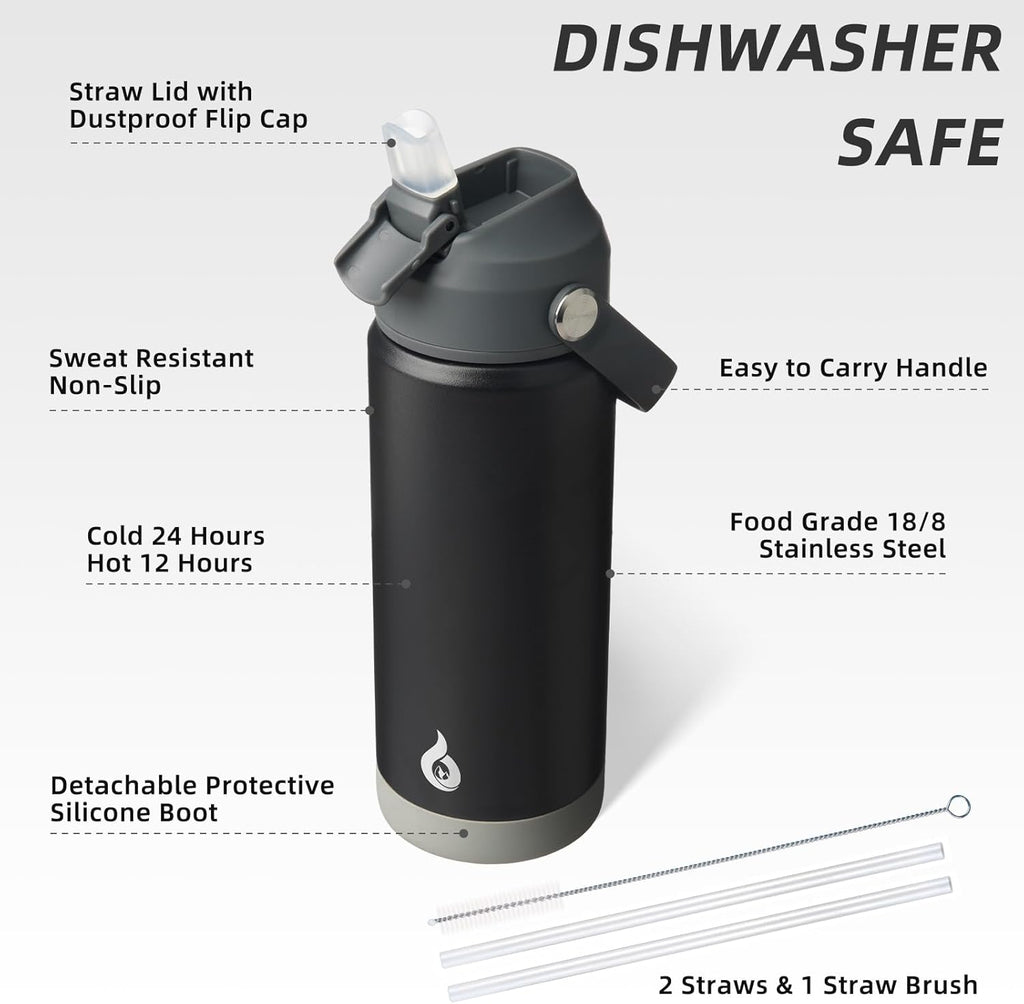 BJPKPK Insulated Water Bottle with Straw Lid, 18oz Thermo Water Bottles with Soft Nozzle, Flex Handle & Non-slip Boot, BPA Free Leak Proof Stainless Steel Metal Thermo, Tumblers, Cups,Black