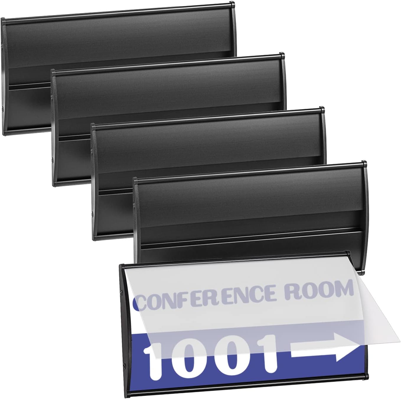 Set of 5 –Sturdy & Elegant Black Aluminum Wall Mount Name Plate Holder, Office Business Door Curved Sign Holder with Adhesive Tape, 8” X 4” - Plastic Film Included, Paper Inserts NOT Included