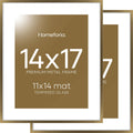 Homeforia 14x17 Picture Frame Bronze, High End Metal 14x17 Brass Poster Frames with Mat 11x14 for Photo, 14 x 17 Frame Matted to 11 by 14 Print, 17x14 Hanging Frame, Tempered Glass, Wall Kit, Set of 2