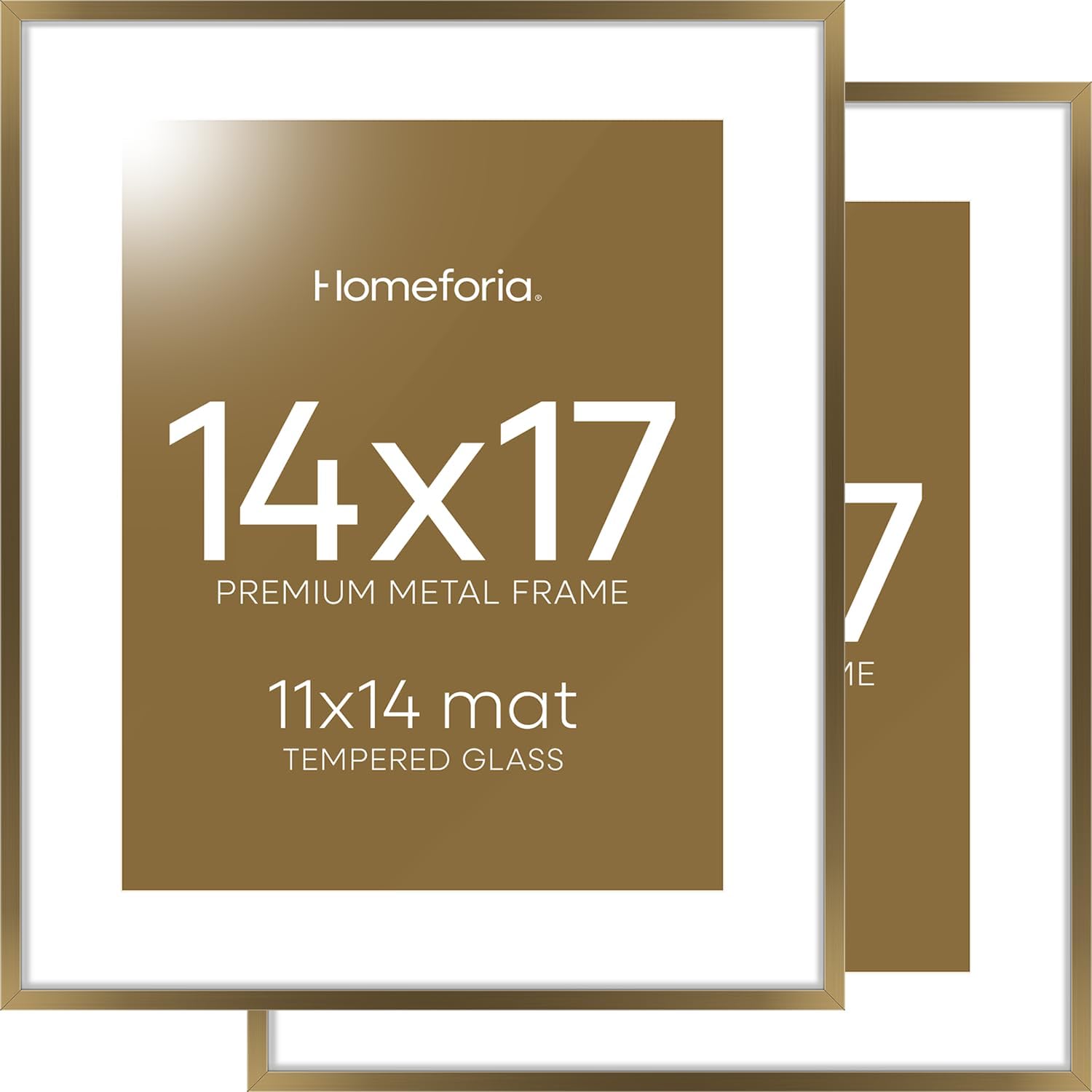 Homeforia 14x17 Picture Frame Bronze, High End Metal 14x17 Brass Poster Frames with Mat 11x14 for Photo, 14 x 17 Frame Matted to 11 by 14 Print, 17x14 Hanging Frame, Tempered Glass, Wall Kit, Set of 2