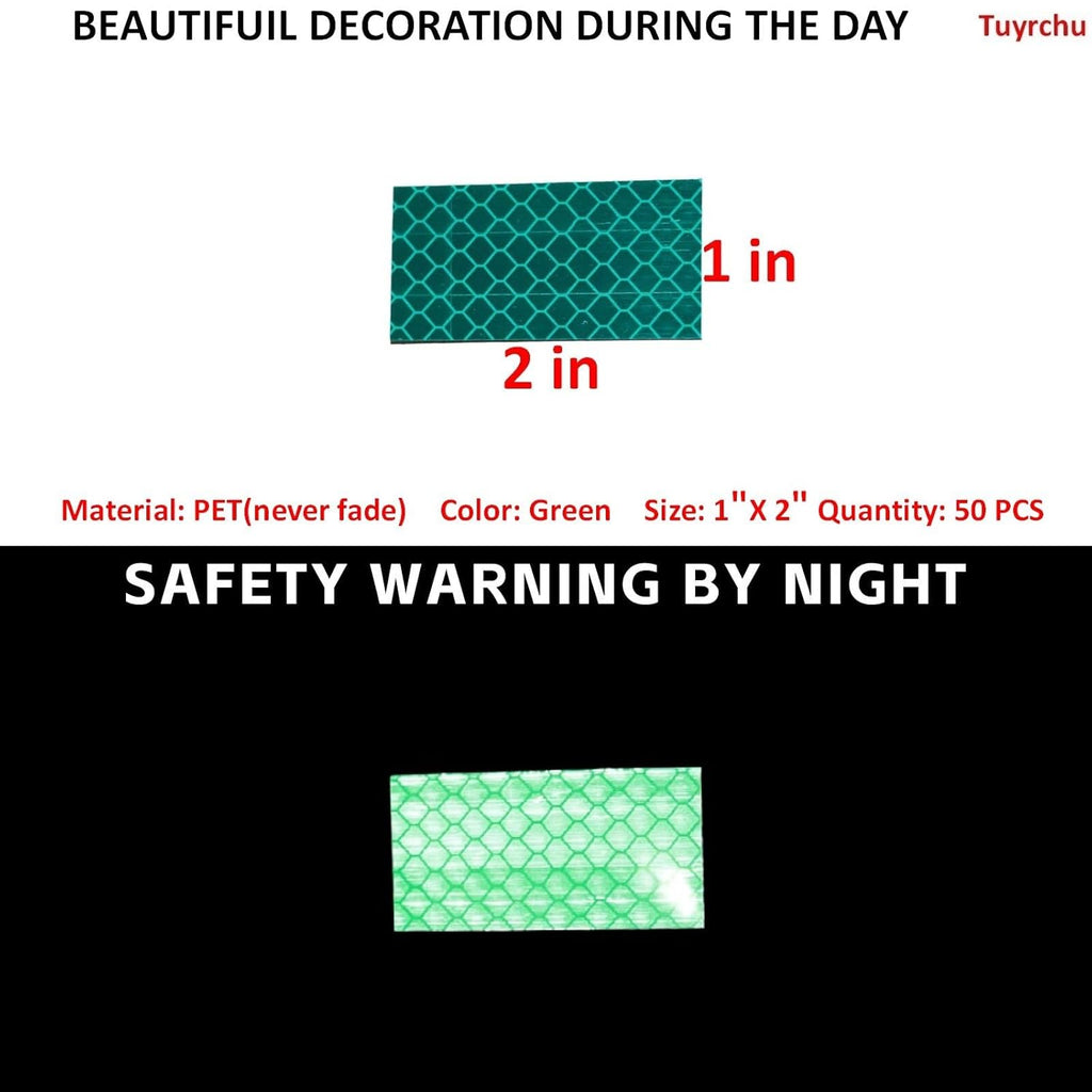 Non Fading Green Reflective Stickers 1 inch X 2 inch, Outdoor Waterproof High Visibility Warning Safety Adhesive Reflector Tape (50 Pcs)