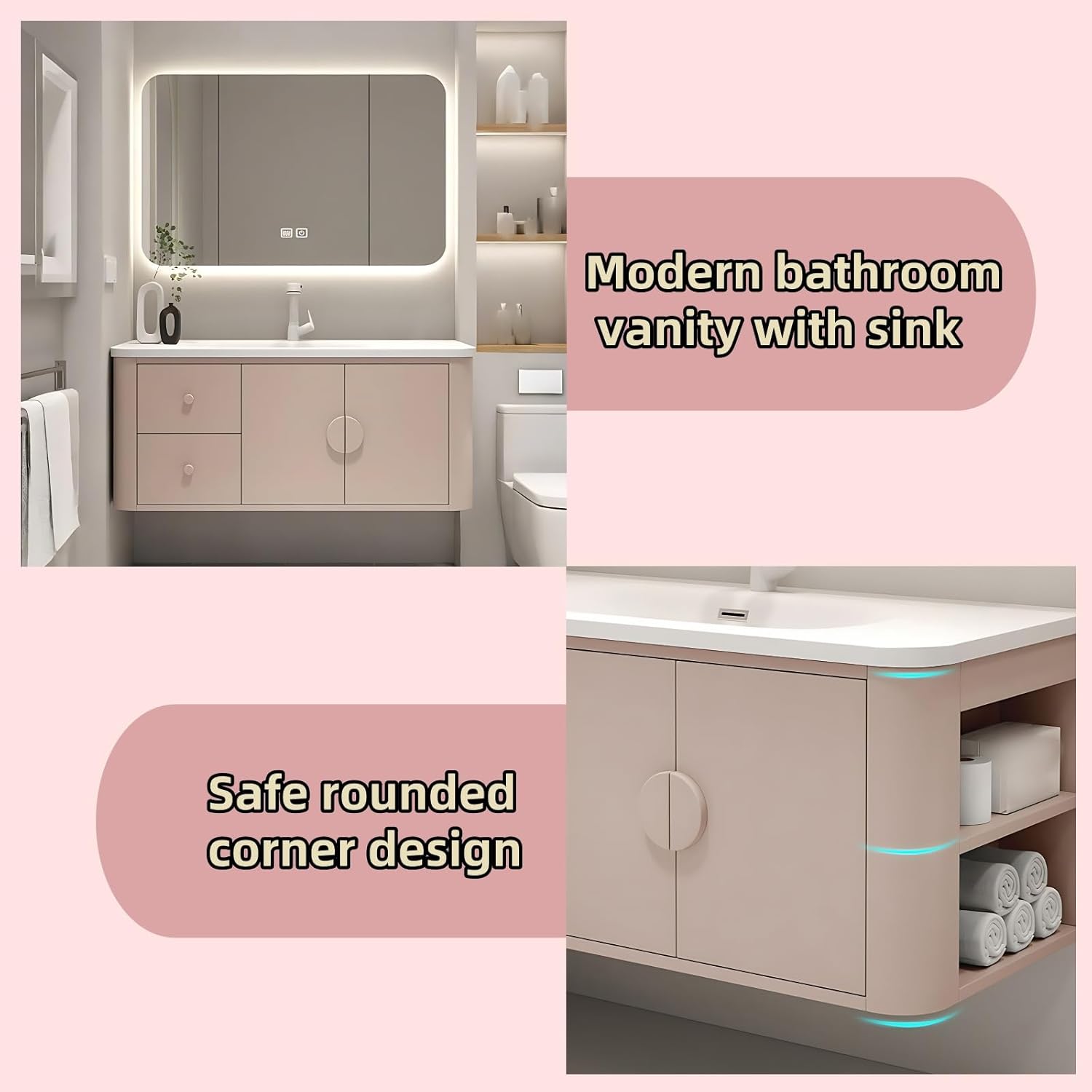 68IN Pink Modern Bathroom Vanity - Bathroom Vanities Set with 2 Drawers Wall Mounted | Rounded Corner Smart Defogging Mirror Cabinet with Lighting & Time Display, Side Opening Storage Shelf (Style B)