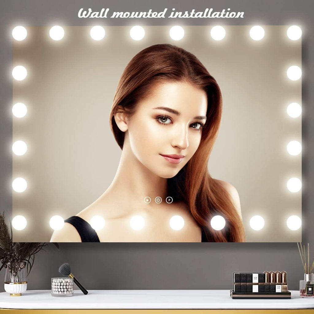 THEKLA 24 x 32 Inch Hollywood Light Vanity Mirror with 24 Bulbs Adjustable 3 Color Lights 32" Vanity Lighted Mirror for Bathroom Bedroom Wall Vanity Makeup Table Mirrors with Lights Base X10 Magnifier