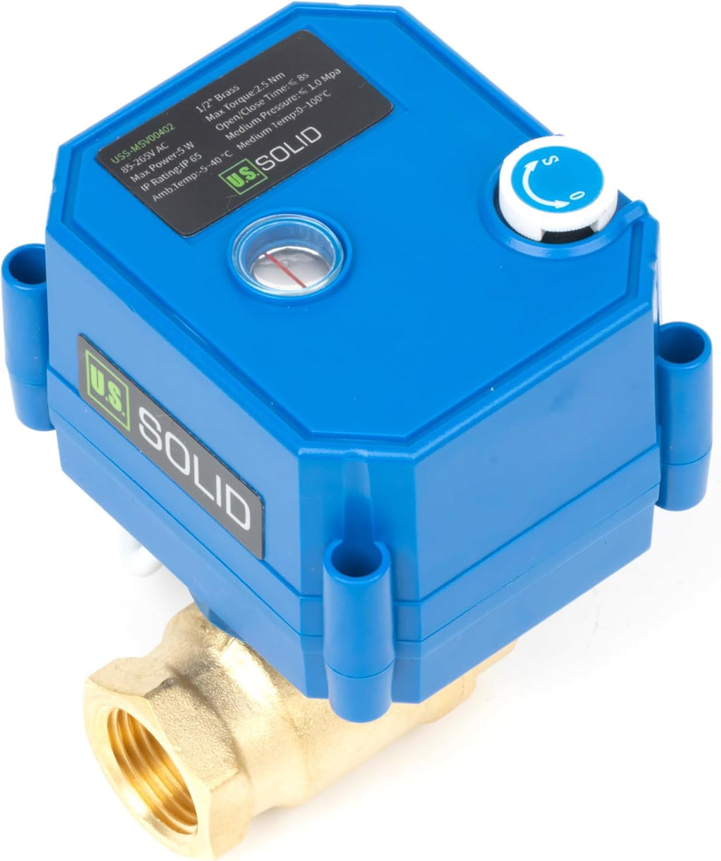 U.S. Solid 1/2" Motorized Ball Valve with Manual Function - Brass, Full Port, 85-265V AC, 2 Wire Auto Return, Normally Closed