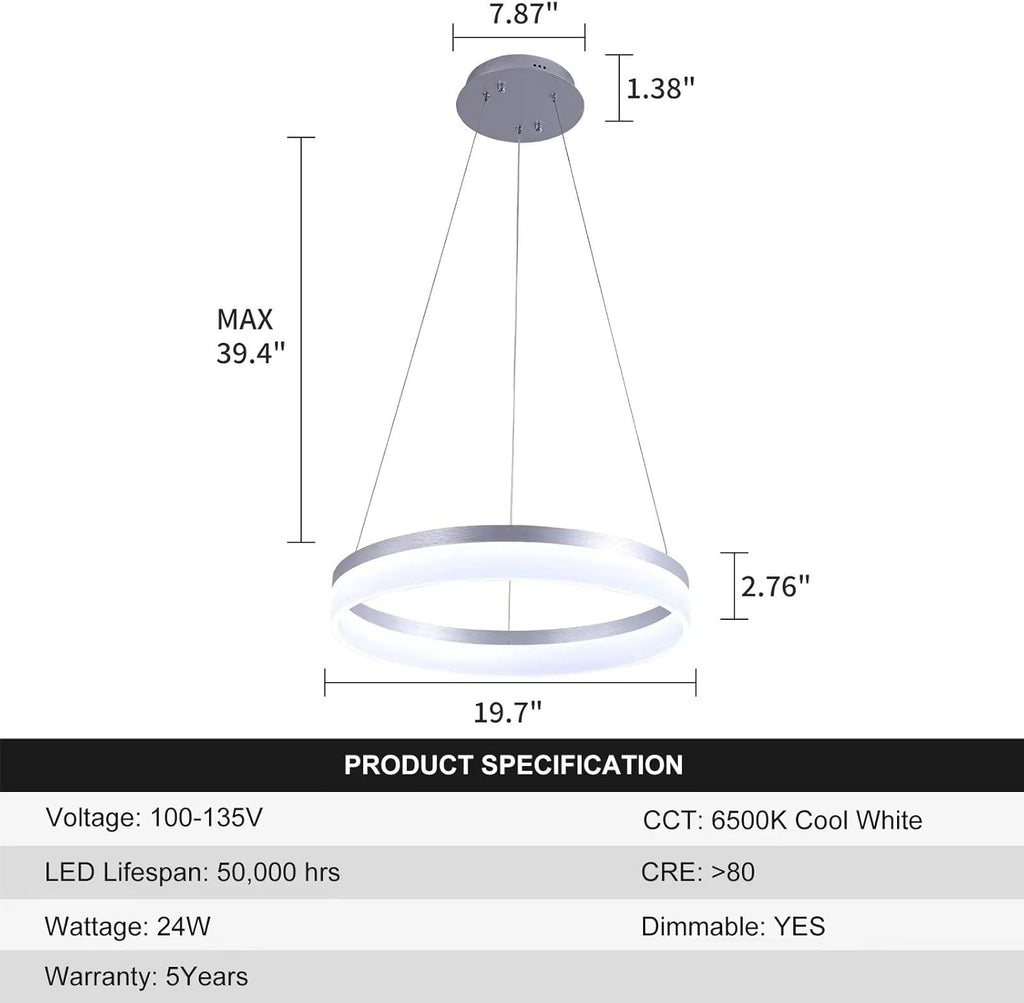 Buccleuch Dimmable 3-Ring LED Chandelier, Height Adjustable Modern Silver Pendant Light, ETL-Certified Flush Mount Acrylic Ceiling Light for Dining Room Living Room Bedroom Foyer, 3000K-6500K