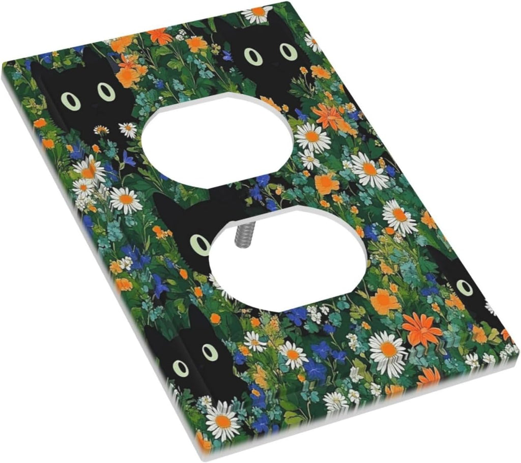 Boho Funny Black Cute Cats Daisy Wildflower Outlet Covers 1 Gang Duplex Light Switch Cover Decorative Switch Plates Electrical Receptacle Faceplate Wall Plate For Kids Room Bed Room Decor