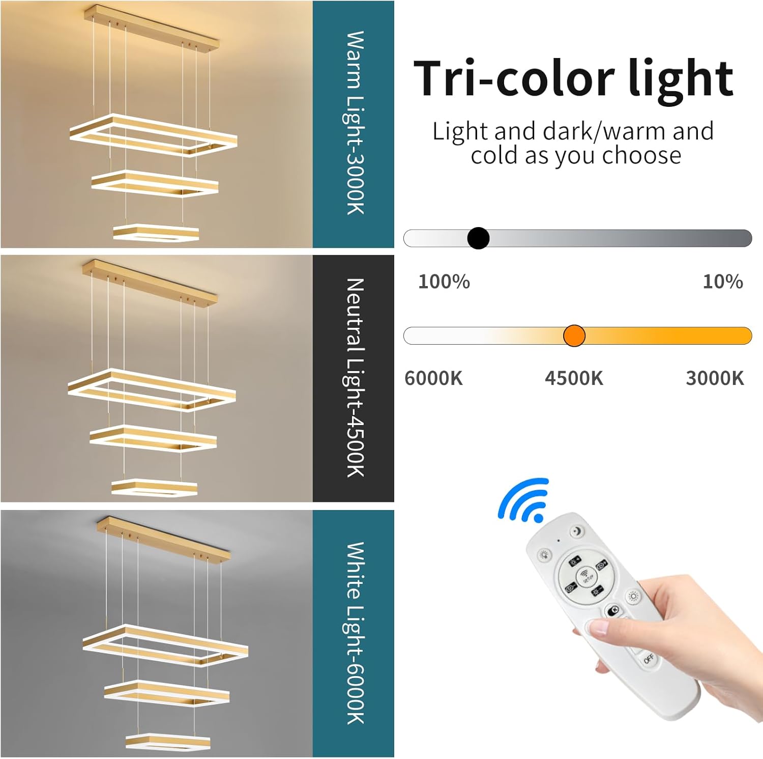 Modern Ceiling Pendant Light, LED Chandelier with Remote Control Dimmable 3 Color Mode & Brightness, Anti-Flicker Pendant Lights Kitchen Island Light Fixture for Dining Room Living Room