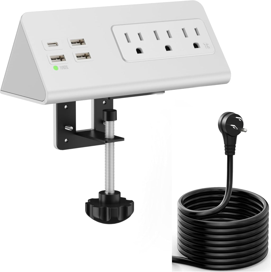 Upgraded Version Edge Mount Power Strip with USB-C Ports Tabletop Surge Protector Desk Clamp Power Sockets with 3 AC Outlets &4 Fast Charging USB Ports for Home Office Hotel Dormitory (White- 1pack)