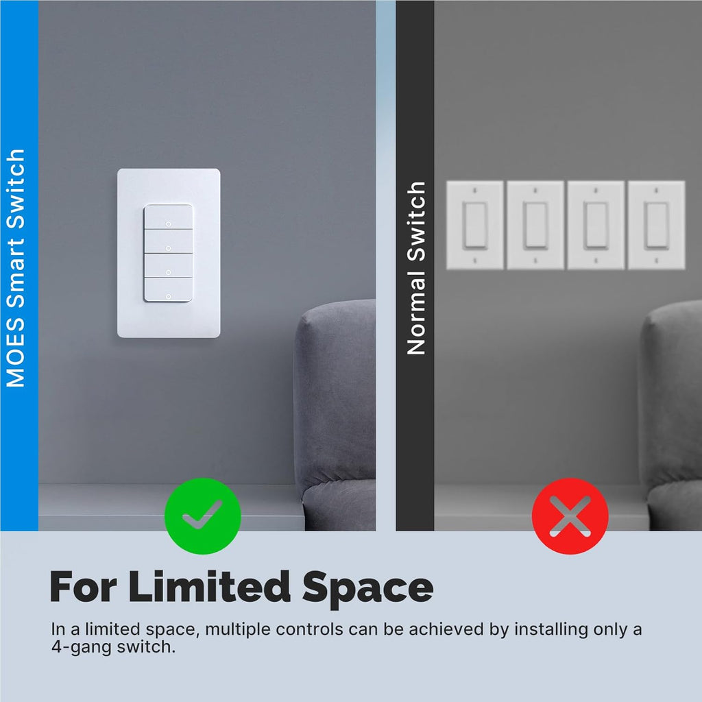 Matter WiFi Smart Light Switches, Netural Wire Required, 2.4GHz Single Pole Switch, Compatible with Alexa Assistant, Remote Control, Voice Control, No Hub Required (4 Way)
