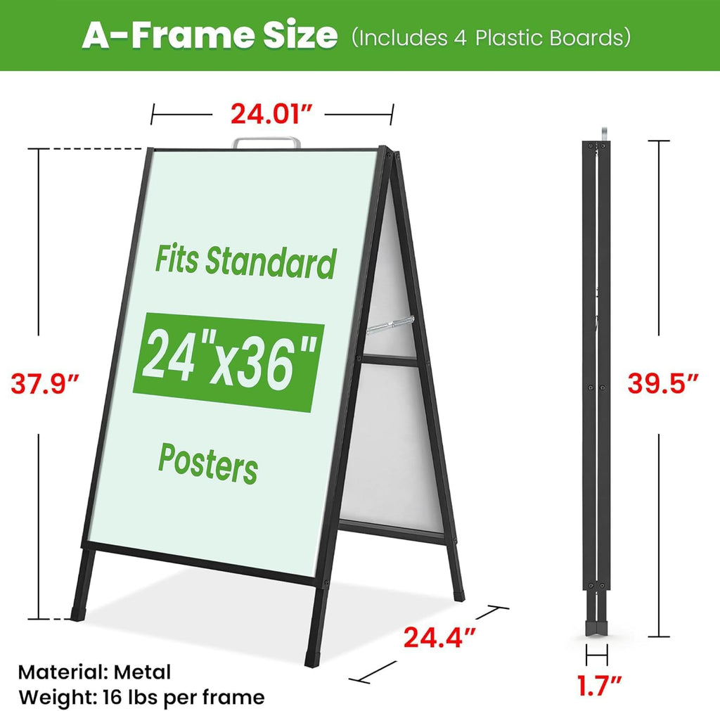 2 Pack A Frame Sign Holder 24x36 Inch, Double-Sided Folding Sandwich Board with Handle, Heavy Duty Metal Sidewalk Sign for Outdoor Business Advertising, Includes 4 Plastic Boards