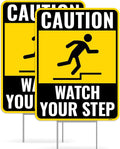 2PC Watch Your Step Sign with Metal Stakes, 12 Inches by 9 Inches - Corrugated Plastic - Caution Please Watch Your Step Sign Outdoor