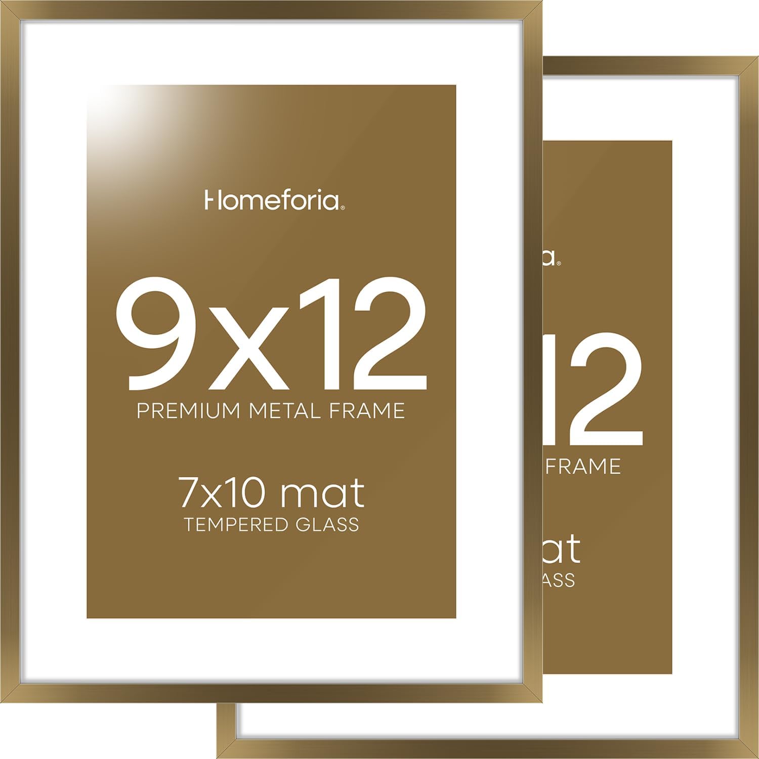 Homeforia 9x12 Frame Bronze, High End Metal 9 x 12 Brass Picture Frames with Mat 7 by 10 inch Photo, 9by12 Poster Frame Matted to 7x10, 12x9 Wall or Tabletop Frames, Tempered Glass, Wall Kit, Set of 2