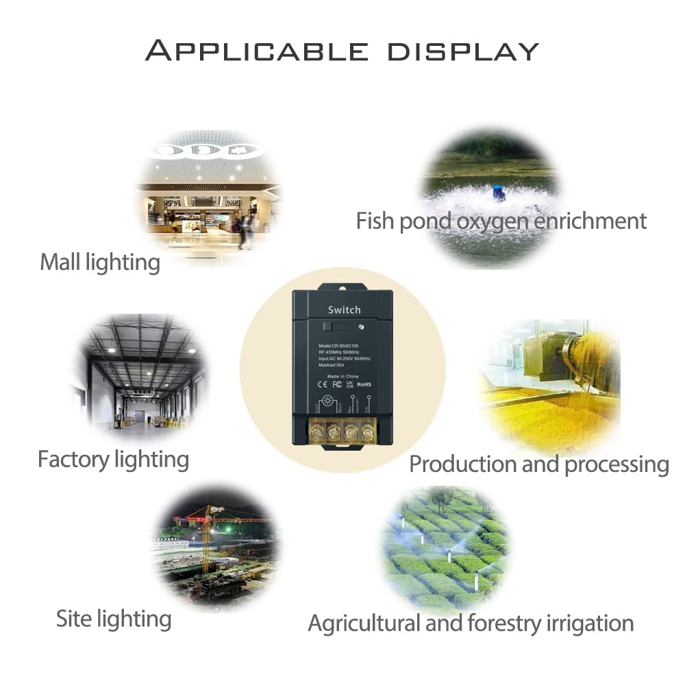 433Mhz Wireless Remote Control Switch AC 110V 120V 240V 220V 30A Receiver with 2 Transmitters for Light Water Pump Household Appliances Farm Irrigation and Electrical Equipment