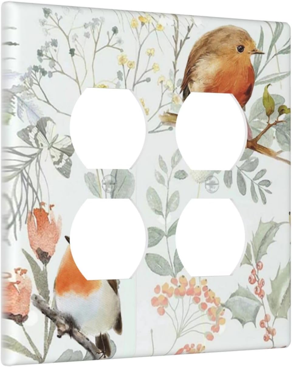 Outlet Covers Red Floral Berries Colorful Bird Plant 2 Gang Double Duplex Decorative Light Switch Covers Electrical Wallplates Socket Faceplate For Bed Room Living Room Decor