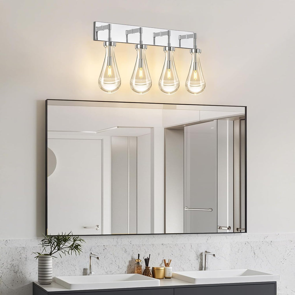 Raindrop Wall Sconces Chrome Crystal Sconces Wall Decor Modern Lighting Glass Bathroom Sconces Indoor Vanity Light Wall Lamp for Bedroom Living Room Stair(4-Light)