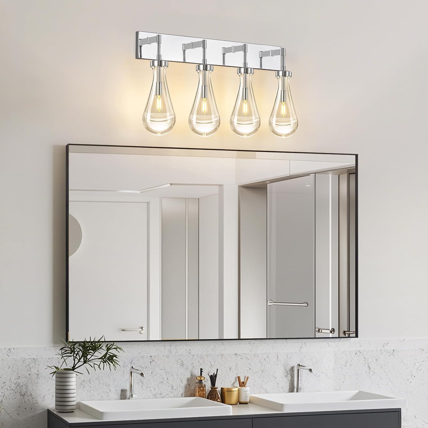 Raindrop Wall Sconces Chrome Crystal Sconces Wall Decor Modern Lighting Glass Bathroom Sconces Indoor Vanity Light Wall Lamp for Bedroom Living Room Stair(4-Light)