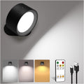 LED Wall Mounted Lights, Rechargeable Wall Sconces Lamp, 3 Color Temps & Remote and Touch, 360°Rotation Dimmable Cordless Wall Light for Study Bedroom Reading Bedside(Black, 1 Pack)