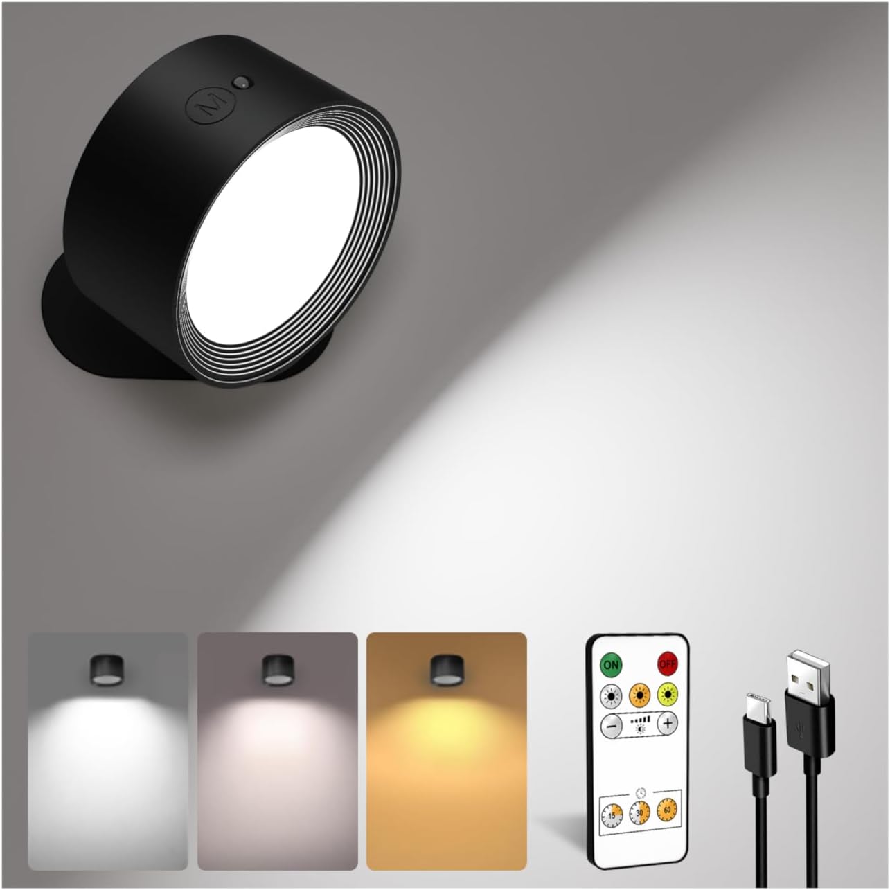 LED Wall Mounted Lights, Rechargeable Wall Sconces Lamp, 3 Color Temps & Remote and Touch, 360°Rotation Dimmable Cordless Wall Light for Study Bedroom Reading Bedside(Black, 1 Pack)