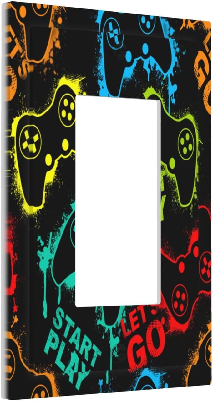 Decorative Outlet Covers Gamepad Theme Graffiti 1 Gang Rocker Light Switch Cover Plate Single Decora Light Switch Covers Wall Plate Faceplate for Game Room Bedroom Decor （2 Pack）