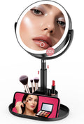 Shinowa Makeup Mirror with Lights, 1X/20X Lighted Magnifying Mirror with Storage for Makeup & Jewelry, 2-Sided Height Adjustable Vanity Mirror with 3 Color Lights, 360° Rotation & Rechargeable, Black