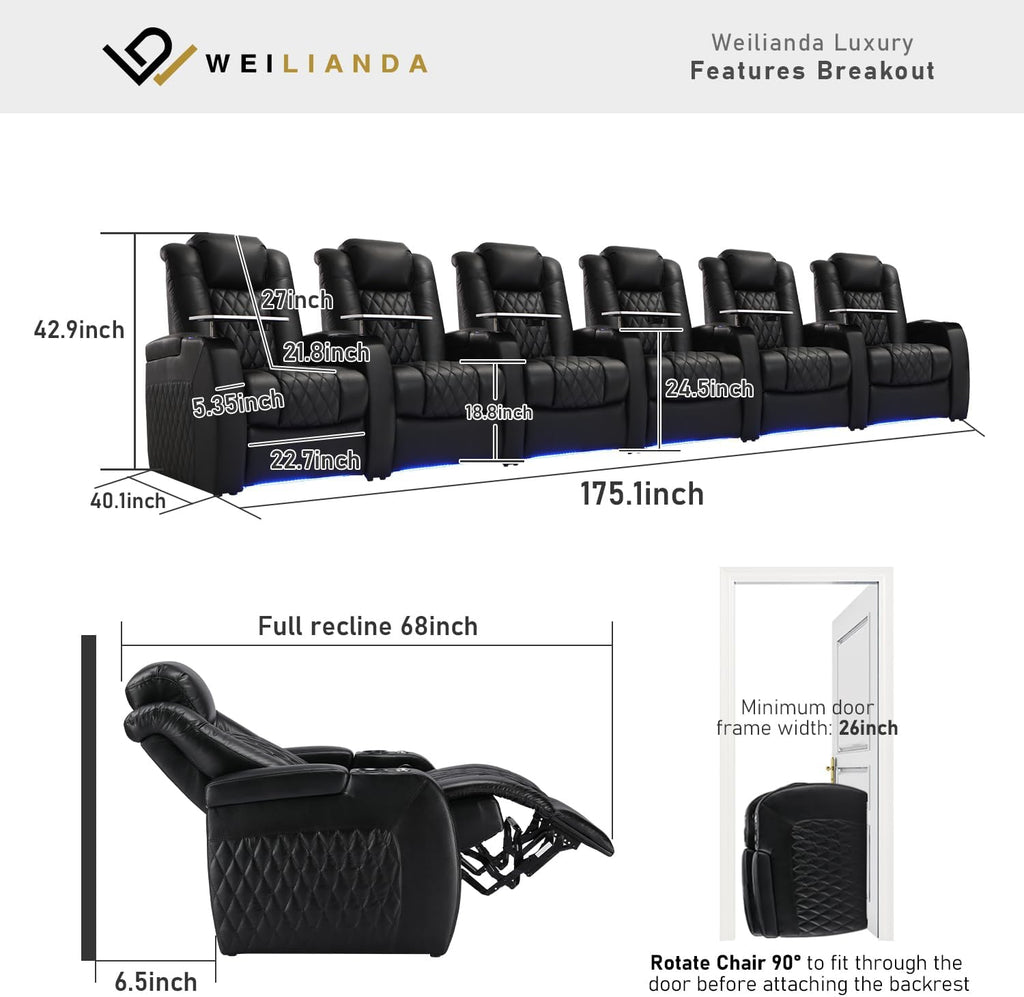 Weilianda Home Theater Seating Top Grain Leather Zero Gravity Recliner Chair Power Headrest Recline Movie Seat Gaming 7 Colors Mood Light Sofa with Tray Table USB Charge Row of 6 Black