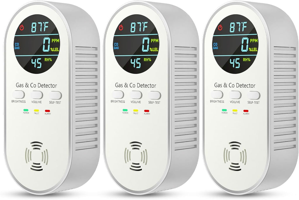 Carbon Monoxide Detectors Plug in & Gas Leak Detector, Travel Carbon Monoxide Detector with Battery Backup - Brightness & Volume Adjustment Temperature & Humidity for Home/RV/Travel/Camping (3 Packs)