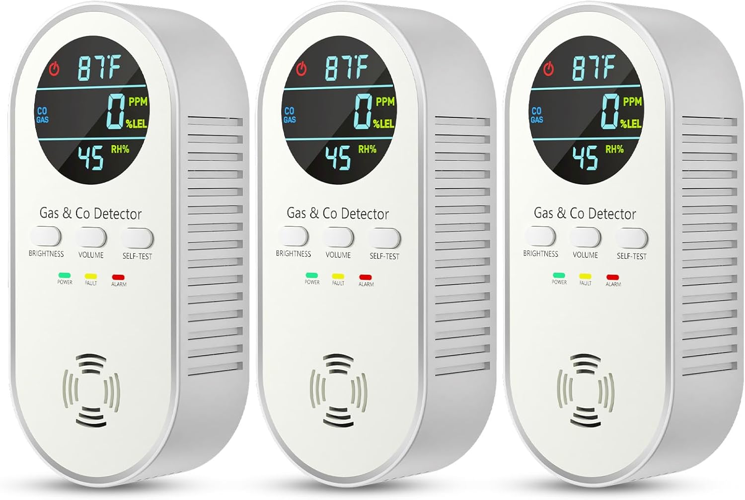 Carbon Monoxide Detectors Plug in & Gas Leak Detector, Travel Carbon Monoxide Detector with Battery Backup - Brightness & Volume Adjustment Temperature & Humidity for Home/RV/Travel/Camping (3 Packs)