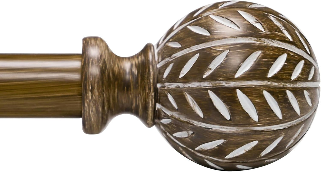 Boho Wooden Curtain Rods for Windows 28 to 48 Inches(2.3-4 ft), Adjustable-Heavy Duty 1" Diameter Drapery Rod with Imitation Wood-Grain Leaf-Pattern Finials - for Living Room & Bedroom，18-45''