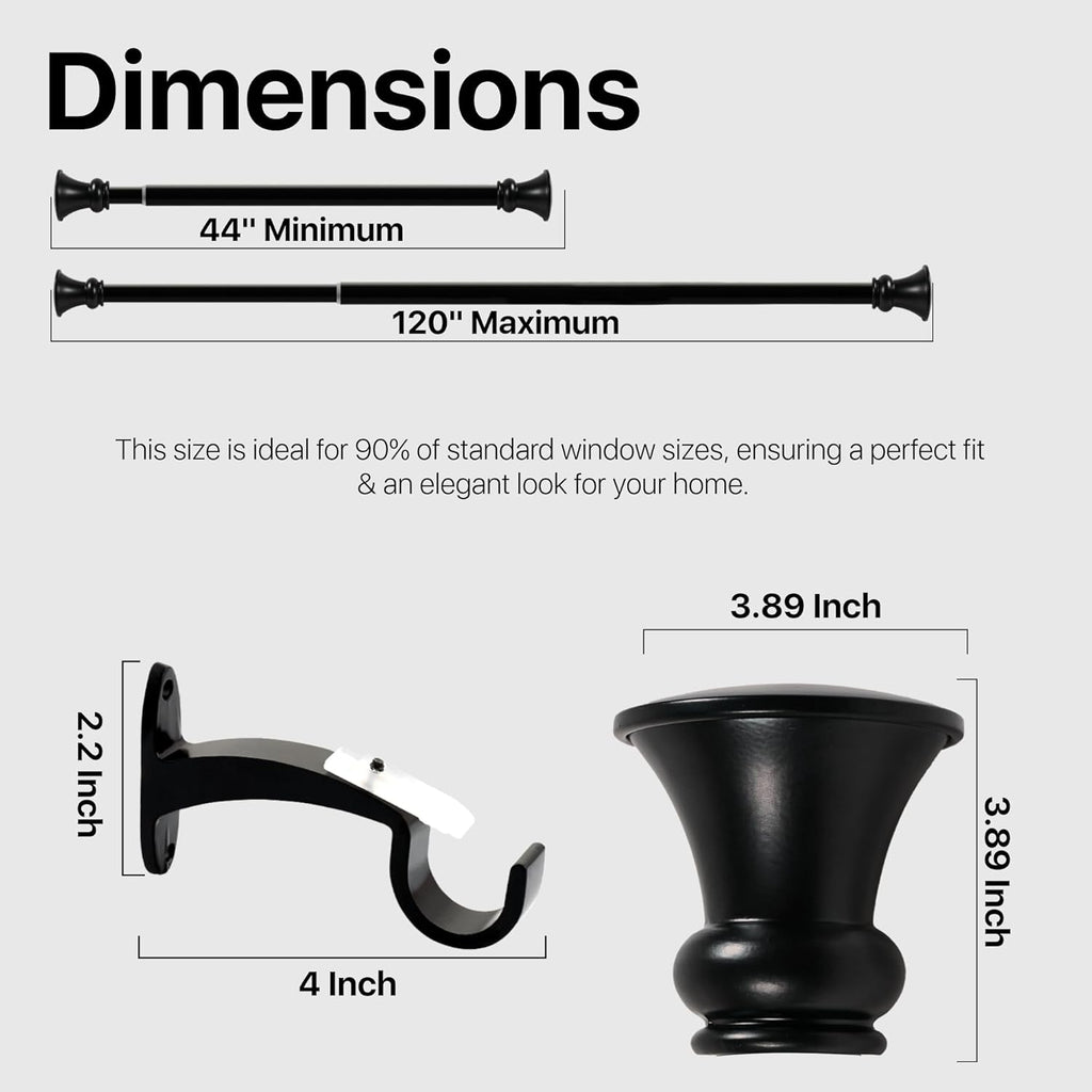 Deco Window Adjustable Curtain Rod for Windows 44 to 120 Inch (Pack of 1) Extendable Heavy Duty 1 Inch Iron Drapery Pole with Finials Wall Mounted French Door Curtain Rods (Black)