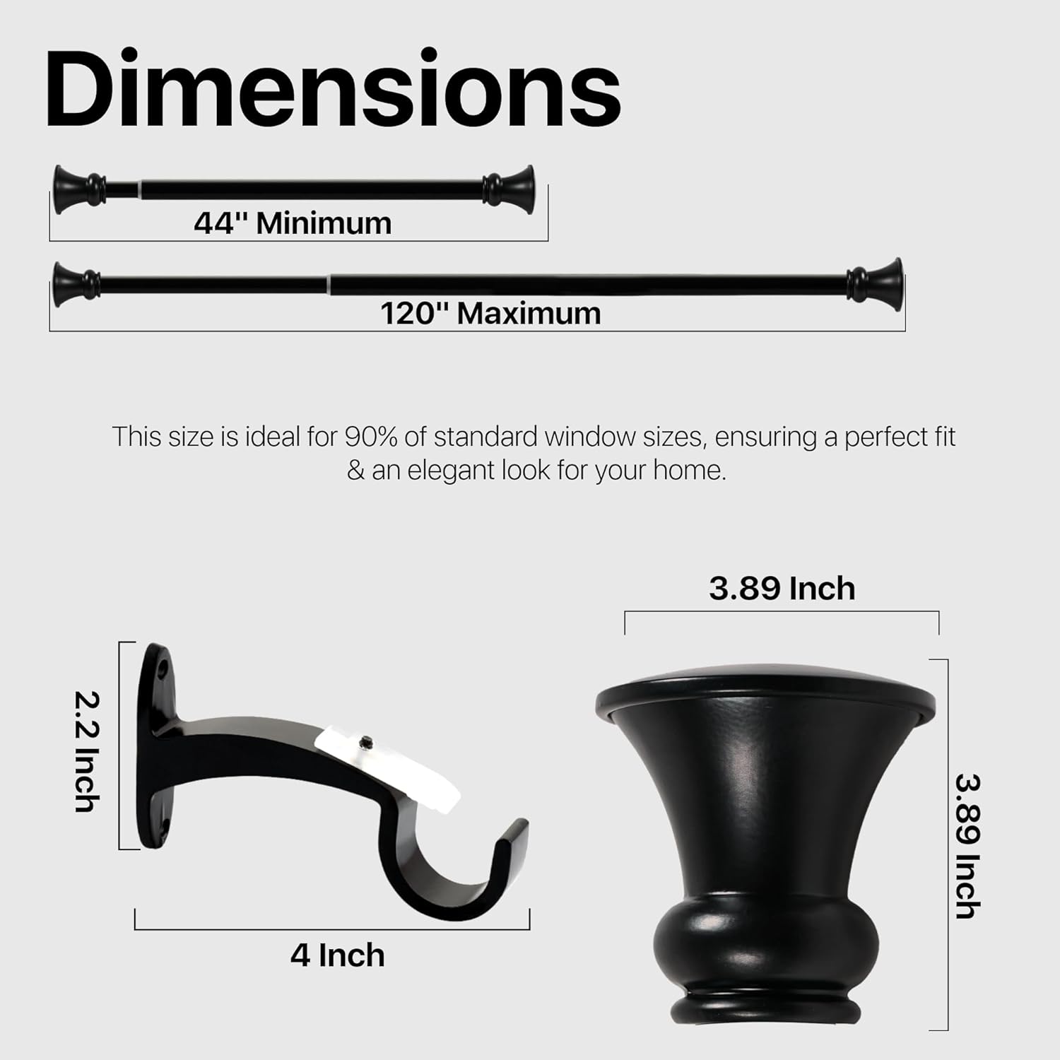 Deco Window Adjustable Curtain Rod for Windows 44 to 120 Inch (Pack of 1) Extendable Heavy Duty 1 Inch Iron Drapery Pole with Finials Wall Mounted French Door Curtain Rods (Black)