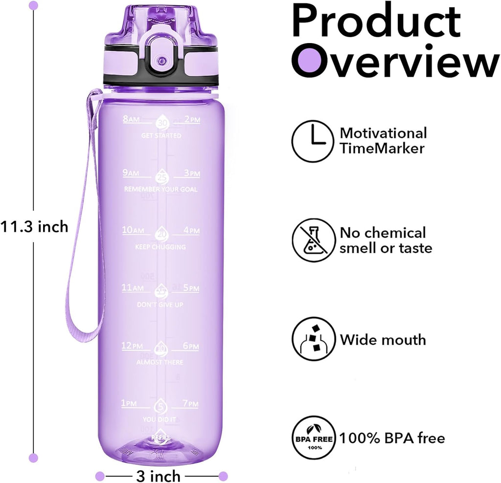 32oz Water Bottle with Time Marker, Motivational Drinking Bottle with Strap, BPA-Free Leak-Proof, Encouraging Water Bottle Time to Drink Water for Gym School Office Travel