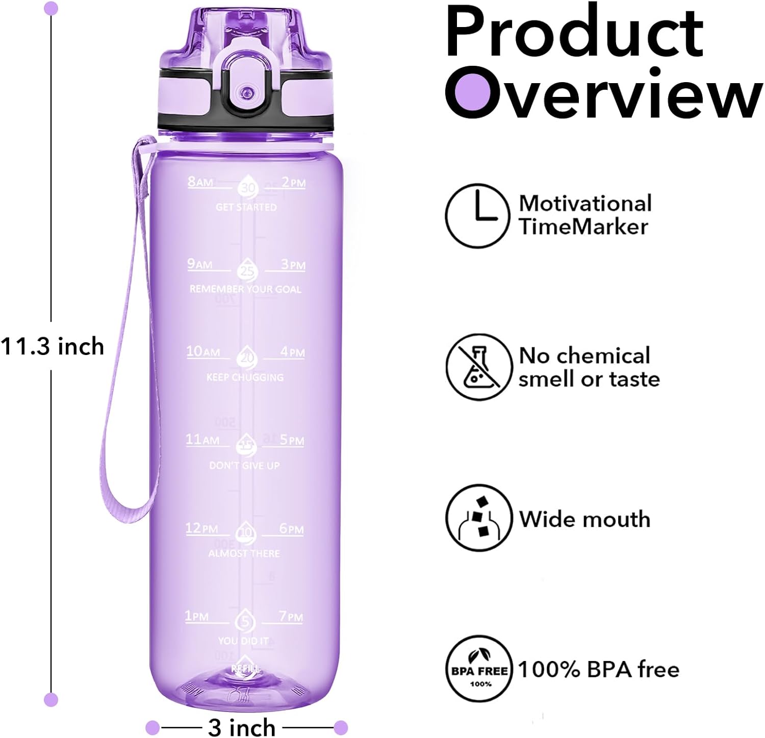 32oz Water Bottle with Time Marker, Motivational Drinking Bottle with Strap, BPA-Free Leak-Proof, Encouraging Water Bottle Time to Drink Water for Gym School Office Travel