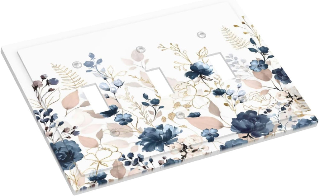 Blue Flora Boho Vintage Flower Golden Leaves Decorative Switch Plates 3 Gang Wall Plate Triple Toggle Light Switch Cover Faceplate Electrical Wall Panels for Bedroom Living Room Decor