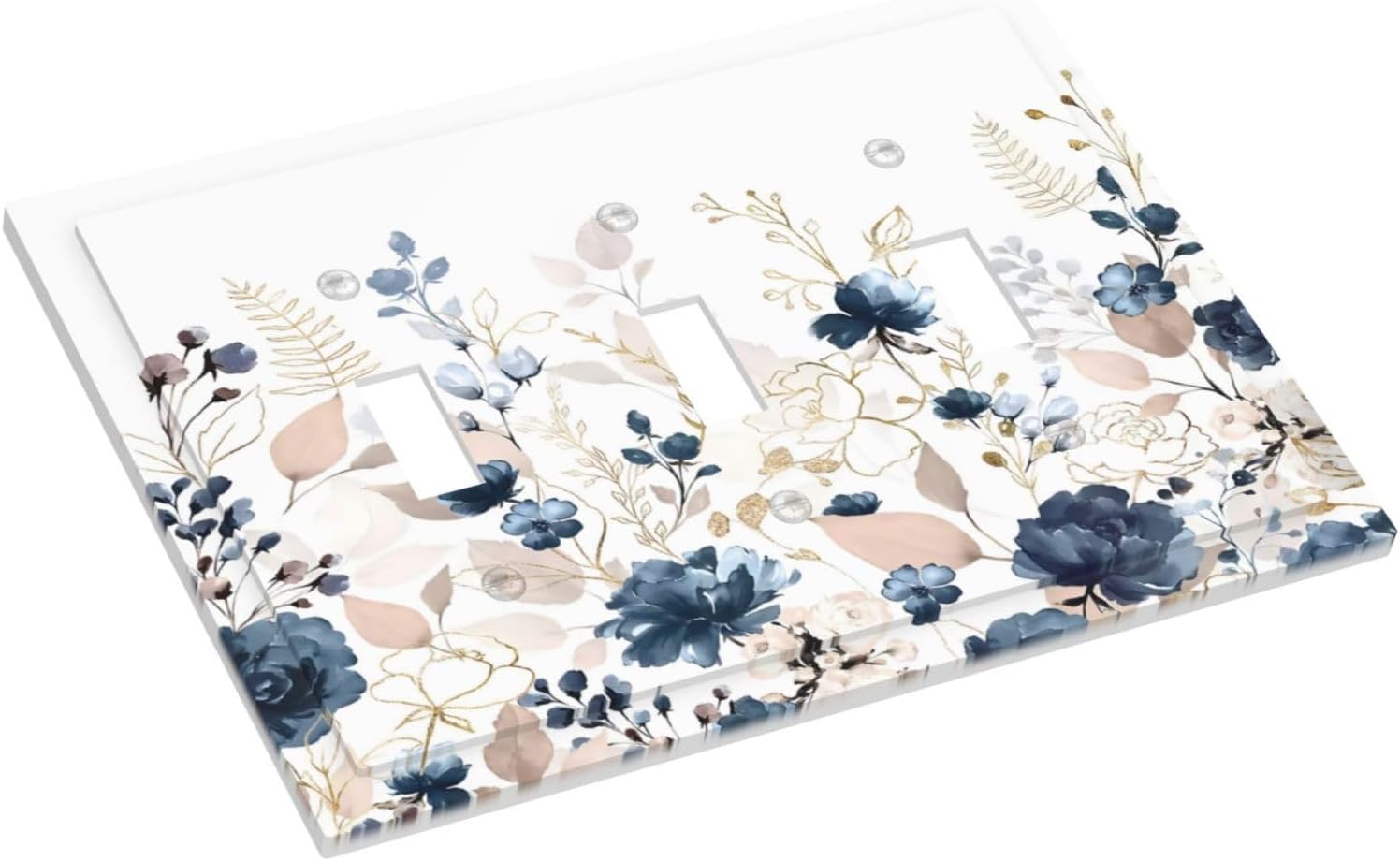 Blue Flora Boho Vintage Flower Golden Leaves Decorative Switch Plates 3 Gang Wall Plate Triple Toggle Light Switch Cover Faceplate Electrical Wall Panels for Bedroom Living Room Decor