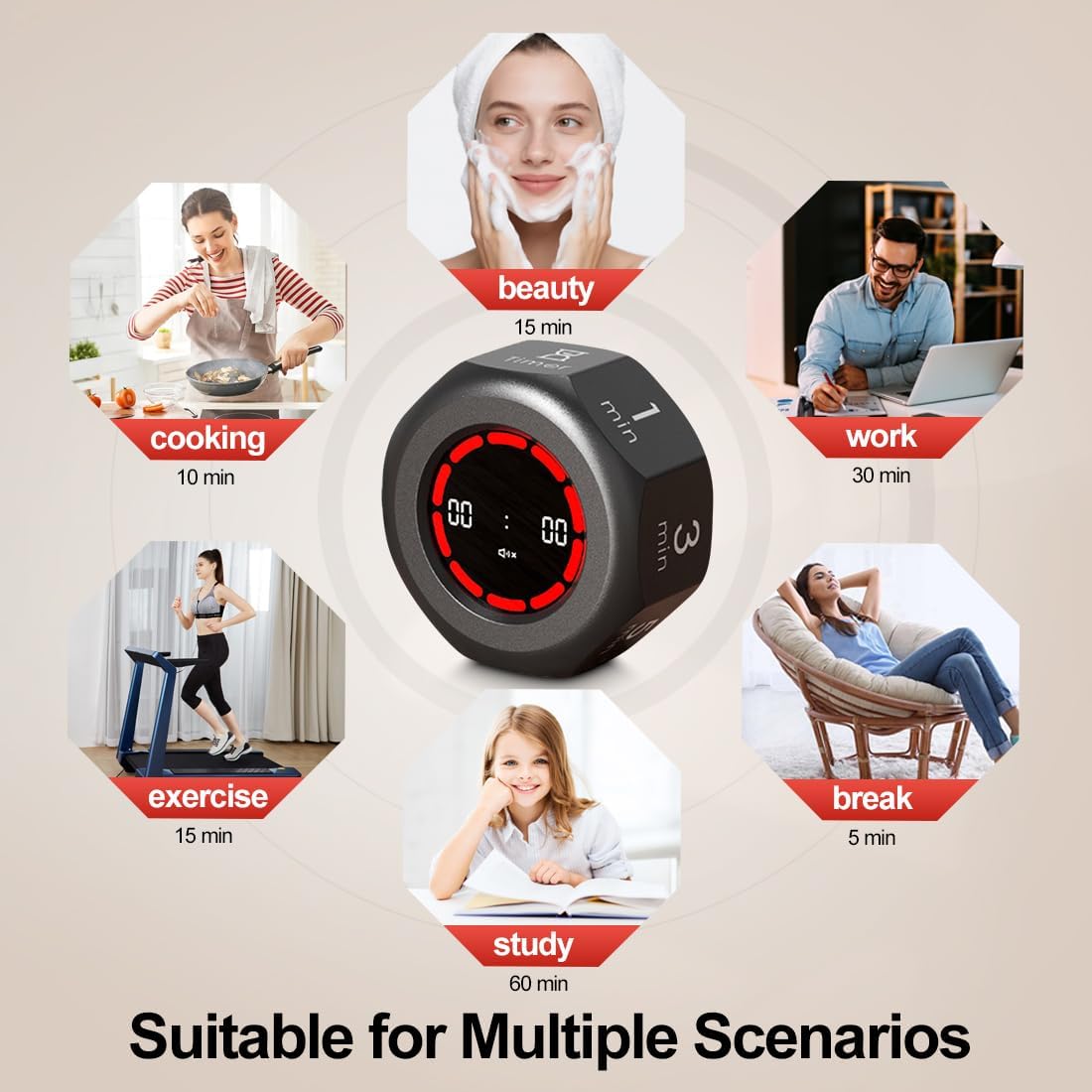 Pomodoro Timer Cube - Rotating Visual Focus Timer for, Desk Productivity Flip Stopwatch with 1/3/5/15/30/60/90-Min Countdown Modes for Work, Study, Back to School, Kitchen