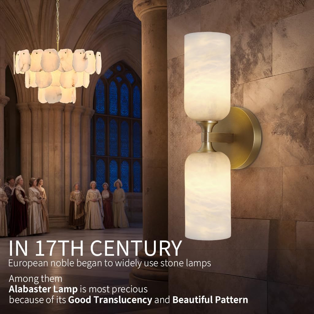 Alabaster Wall Sconces, 14" Modern Spanish Natural Marble Vanity Light, Dimmable Hardwired Brass Gold Wall Sconce Lighting for Bathroom Mirror, Bedroom, Living Room, Luxury Natural Stone Wall Fixtures