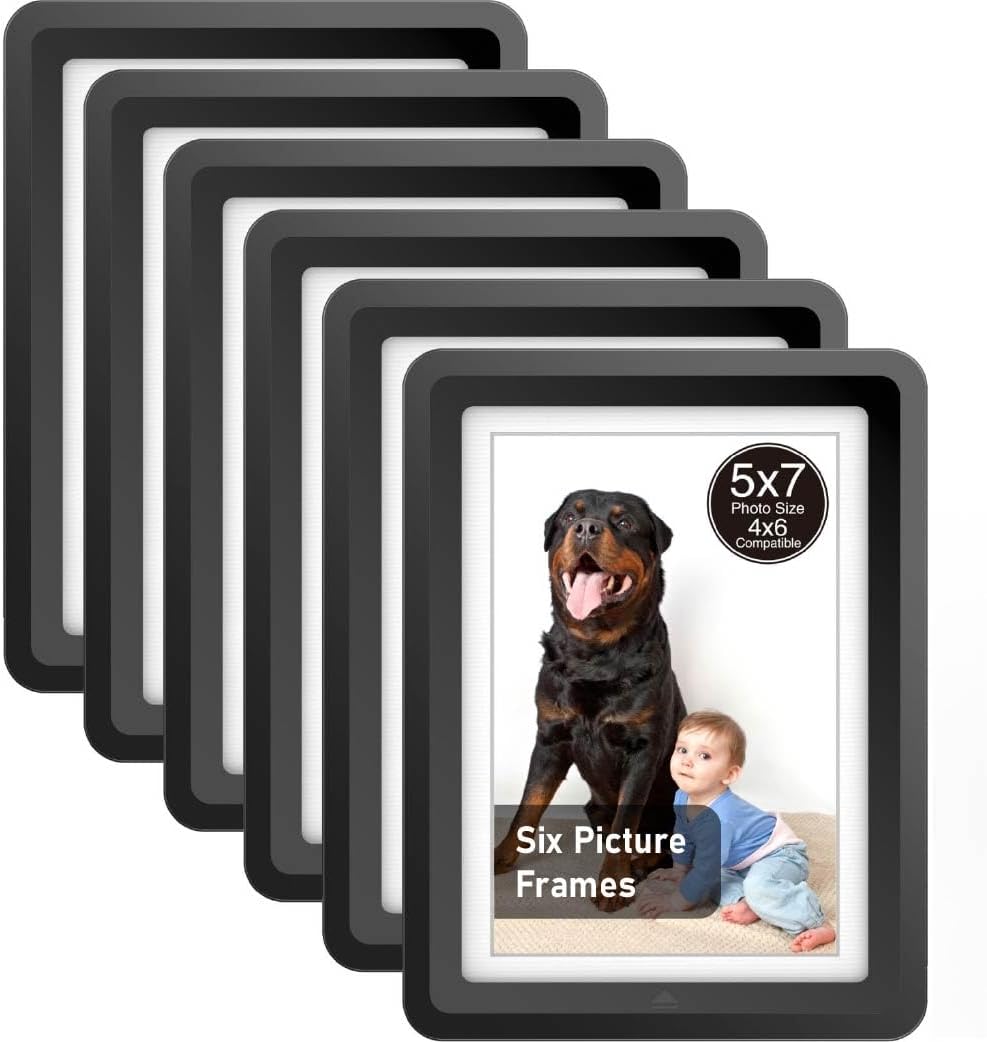 Black 5x7 Picture Frame with Acrylic Front 6 Pack, ABS Frame for 5x7 or 4x10 Photos, Shatterproof UV-Resistant Tabletop Photo Frame, Vertical/Horizontal Display for Home Décor