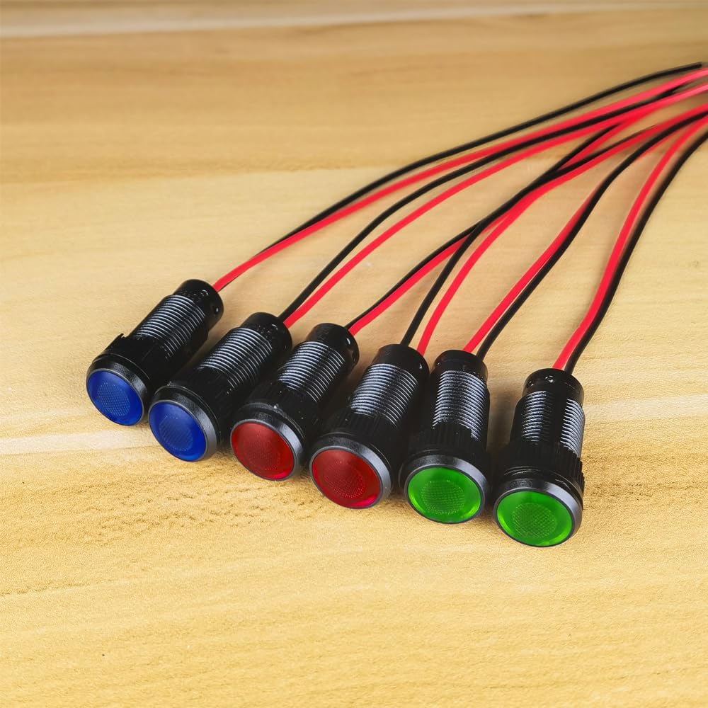 6pcs Red/Blue/Green LED Indicator Pilot Light AC/DC 12-24V Mounting Hole Size 10mm(Flame Retardant Plastic Shell)