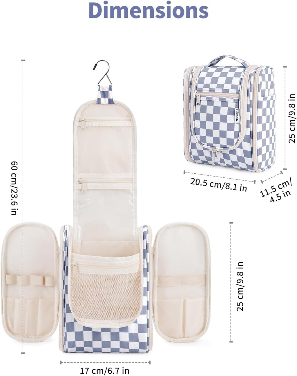 Narwey Small Checkered Hanging Travel Toiletry Bag for Women, Travel Bag for Toiletries, Makeup Bag Organizer Cosmetic Bags Make Up Bags for Women (Grayish Blue Checkerboard)