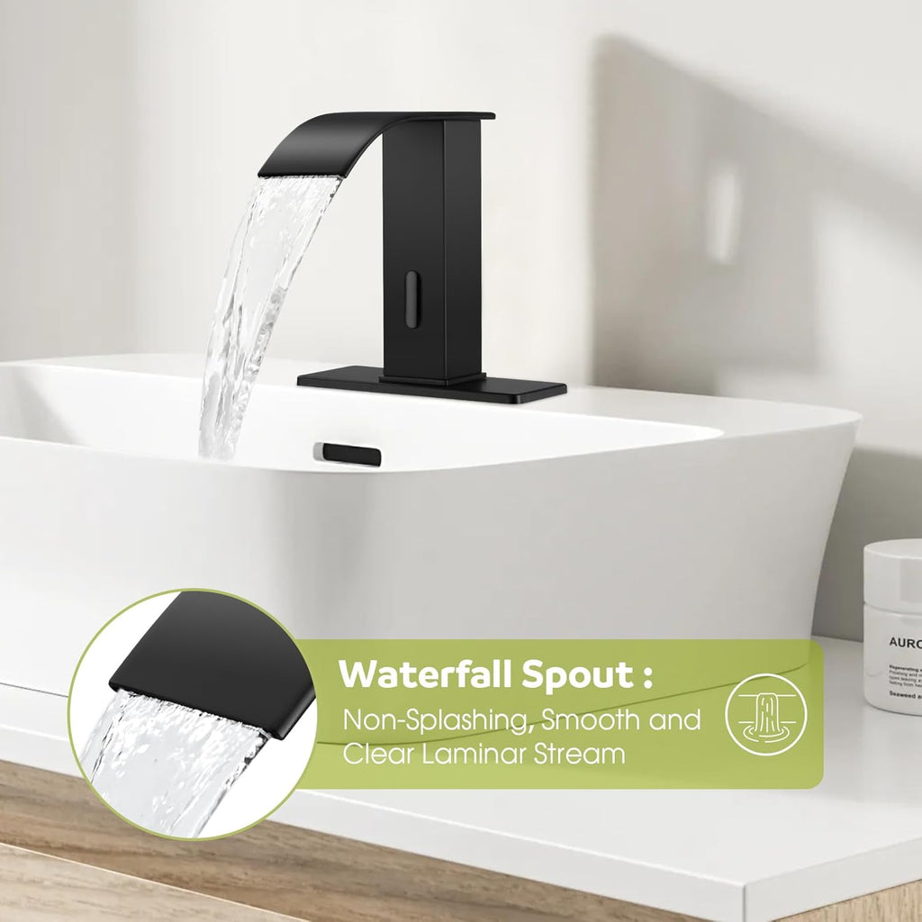 Automatic Motion Sensor Faucet with Waterfall Spout,Stainless Steel Sink Faucet with Hole Cover Plate (Regular, Black)