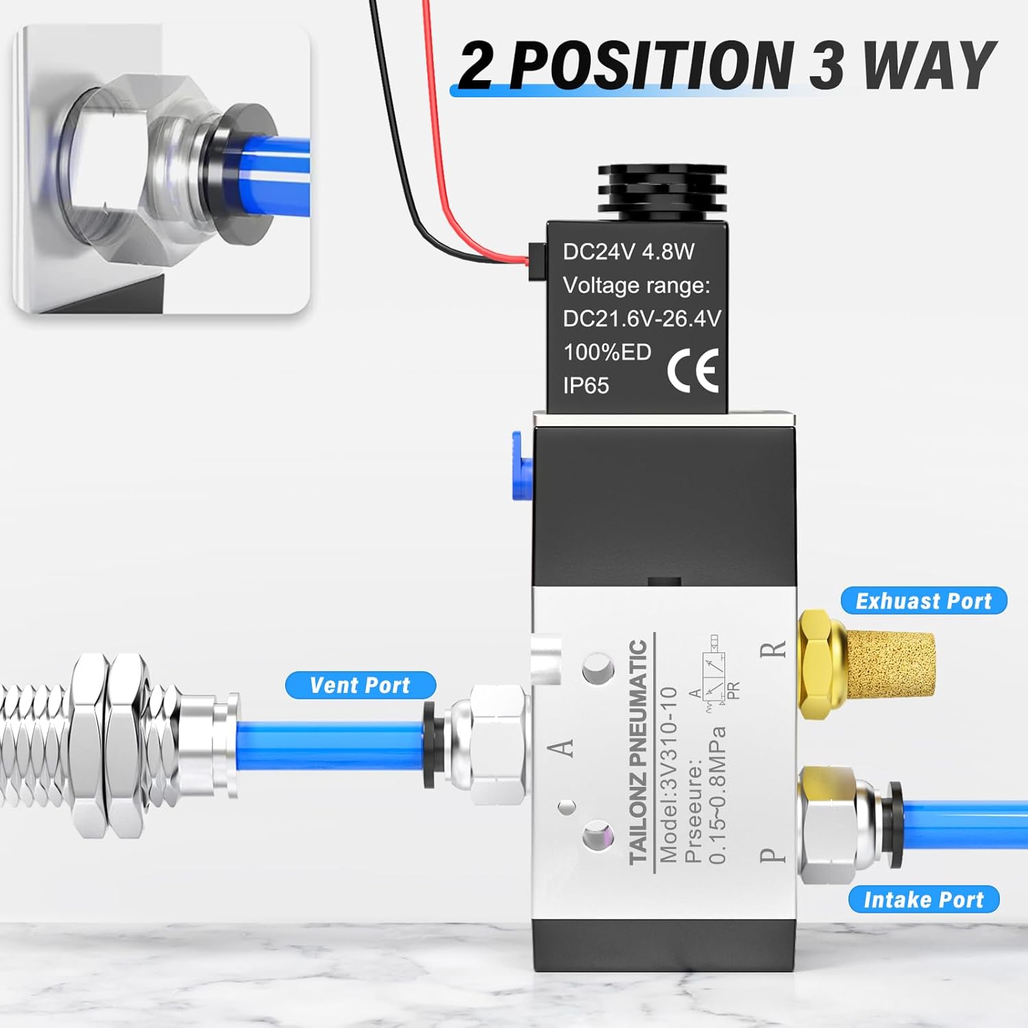 TAILONZ PNEUMATIC 3/8"NPT Solenoid Valve 3V310-10 DC24V Single Coil Pilot-Operated Electric 2 Position 3 Way Connection Type(Outlet wire)