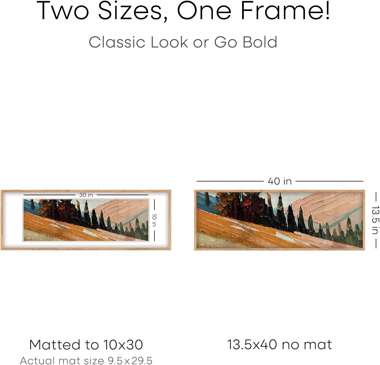 Homeforia 13.5x40 Wood Frame, High End Natural Oak 13.5x40 Light Wooden Picture Frame with Mat 10x30, 13.5 x 40 Poster Frames Matted to 10 by 30 Art, 40x13.5 Frames, Tempered Glass, Wall Kit, Set of 1