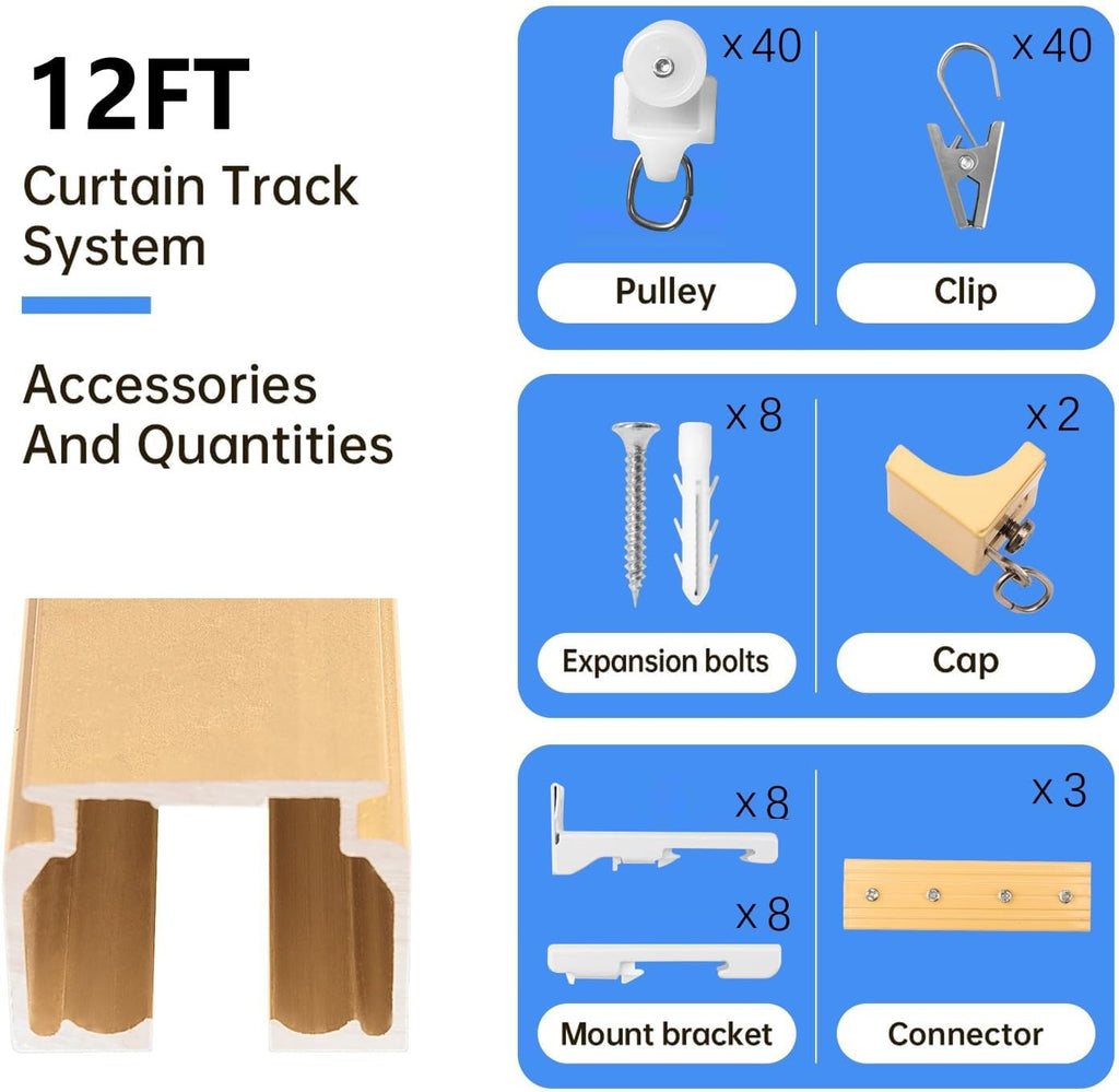 Ceiling Curtain Track Ceiling and Wall Mounted Heavy-Duty Curtains Rails Room Divider Curtains Shower RV Tracks Ceiling Sliding Curtain Rods With Clips, Gold 12ft.