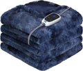 Sealy Electric Blanket Heated Throw, Faux Fur Heating Blanket with 6 Heat Settings & 2-10 Hours Auto Shut Off, Fast Heating & ETL Certification, 50x60 Inch, Navy Blue